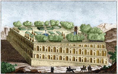世界の七不思議のひとつ、バビロンの伝説の女王セミラミスの空中庭園。1829年、ロランの「古い歴史」に掲載された版画。 作： Unknown artist