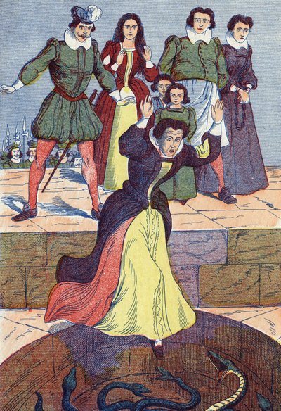 恐ろしい女中が水槽に投げ込まれている。フランスの作家、シャルル・ペロー（1628-1703）の物語「眠る森の美女」の匿名の挿絵。イメージ：Marcel Vagne, Jarville Nancy, undated (19世紀後半). 作： Unknown artist