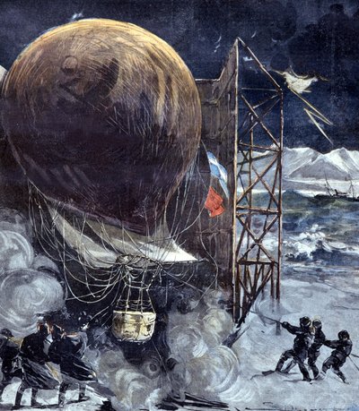 スウェーデンの技術者ソロモン・アンドレ（1854〜1897）による水素気球「オルネン（アクイラ）」が、北極点への遠征出発直前、デンマークの島で吹雪の中、遭難する。1897 作： Unknown artist