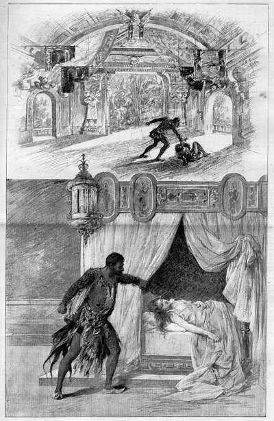 輝かしい劇場。イタリアの作曲家ジュゼッペ・ヴェルディ（1813-1901）のオペラ「オテロ」が、2月12日にミラノのスカラ座で上演されました。Le monde illustrious "に掲載されたエングレーヴィング 作： Unknown artist