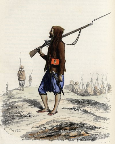 1830年のアルジェ遠征でフランス軍に抵抗するアブド・エル・カデル首長の歩兵。レオン・ガリベール著「L