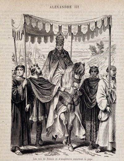 フランス王ルイ7世（1120 - 1180）とイングランド王エスコート教皇アレクサンダー3世 - "Histoire des popes", n.d. 作： Unknown artist
