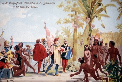 クリストファー・コロンブスが1492年12月10日にサンサルバドル（バハマ）に上陸した時の様子。クロモリトグラフ19世紀。 作： Unknown artist