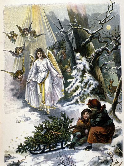 クリスマスツリーの伝説：天使の出現。19世紀のイラスト。 作： Unknown artist