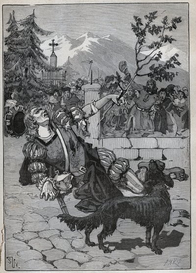 フリブールの菩提樹：1476年6月22日、モラートの戦いでシャルル＝テメレールと戦ったスイスの勝利を発表するために、ヘルヴェティア連盟の兵士が戦場にあった菩提樹の枝を持ってフリブールを訪れた。この兵士の死因は 作： Unknown artist