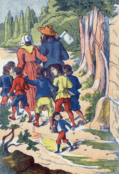 小さなプセットは、自分の道に石をまく。フランスの作家、シャルル・ペロー（1628-1703）の物語「Le Pepetit poucet」の挿絵。匿名のイラスト。イメージ：Marcel Vagne, Jarville Nancy, undated (19世紀後半). 作： Unknown artist