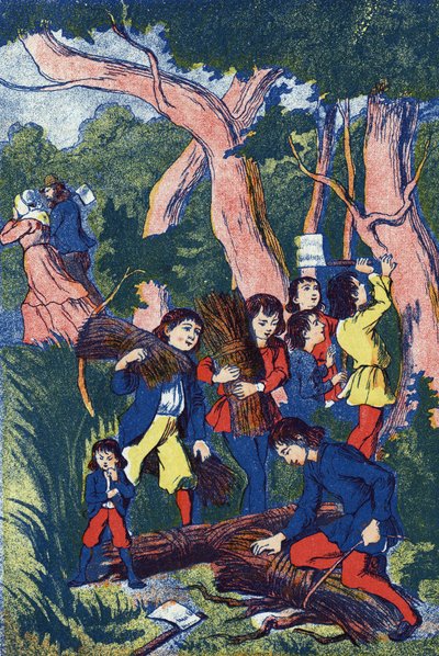フランスの作家、シャルル・ペロー（1628-1703）の物語「Le Pepetit poucet」の挿絵。匿名のイラスト。イメージ：Marcel Vagne, Jarville Nancy, undated (19世紀後半). 作： Unknown artist