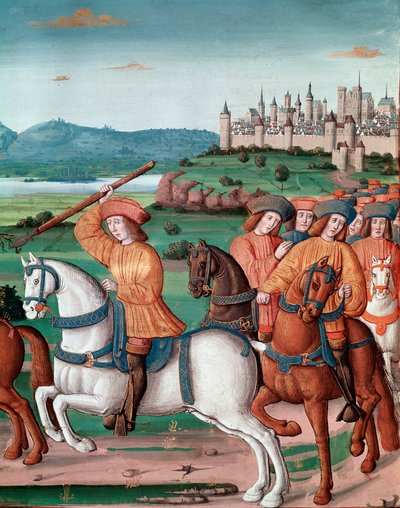 シャルル6世（1368年〜1422年）の狂乱。1392年8月5日、ル・マンの森で猛烈な狂気の発作を起こし、反逆罪を叫んで自分の一座を襲い、4人を殺害した。 ミニチュアの人々は「エンゲラン・ド・モの年代記」より 作： Unknown artist