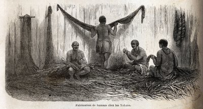 ペルーのヤフア・インディアンのハンモック・フィレの作り方、ヤシのシャンビラ・トレッセの細い糸から。1848年から1860年にかけて、ポール・マルコイが「Le tour du」の中で行った、太平洋から南アメリカを通ってアトランティック大洋への航海を説明するためのエングレーヴィング。 作： Unknown artist