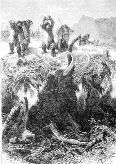 マンモス狩りの様子。19世紀末に描かれた版画。 作： Unknown artist