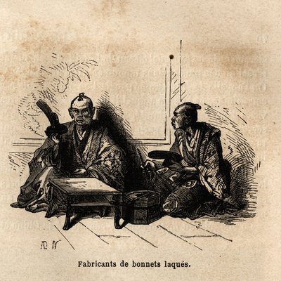 漆塗りのカップのメーカー。1863-1864年の日本への航海を説明するためのエングレーヴィング。スイス連邦公使のアイム・アンベールが、エドゥアール・シャルトンの指揮の下で出版された「Le tour du monde, nouveau journal des voyages」に掲載されたもの。 作： Unknown artist