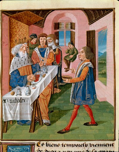 シチリア王の食事、アルタゴーグレス 大王ジェイムズ（1360-1415/1418）の「善良なるムーア人の書」からのミニチュア、ベリー公ジョンに献上されたもの 作： Unknown artist
