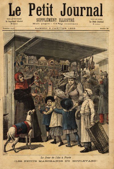 パリの1年の日の商人とその大通りの表示。Le petit journal "1892年2月1日号に掲載されたエングレーヴィング。セルバのコレクション。 作： Unknown artist