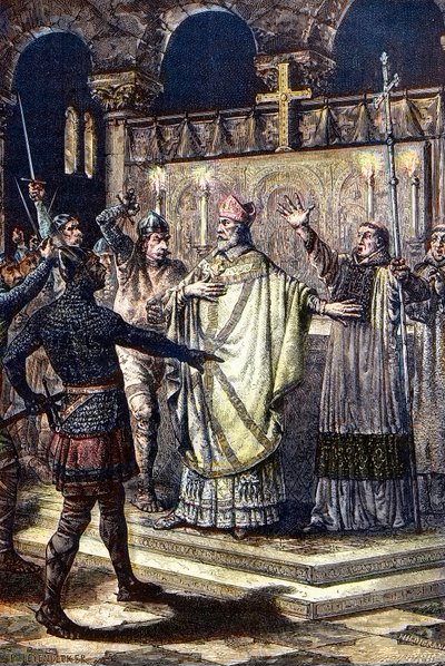 1170年12月29日、ヘンリー2世の宮廷騎士団によるカンタベリー大聖堂での聖トーマス・ベケット殺害事件（木版画 作： Unknown artist