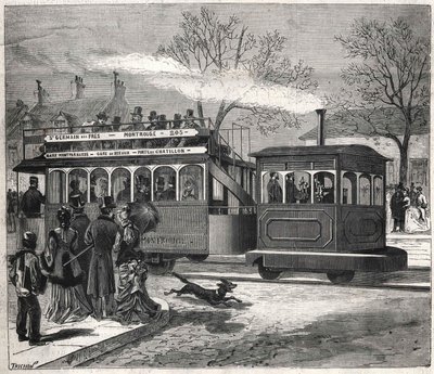 1876年、パリの新しい蒸気トラムは、サンジェルマン・デ・プレの線路上をシャティヨンの入り口で走っていた、エングレーヴィング・ビアンケッティのコレクション。 作： Unknown artist
