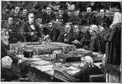 1882年2月21日、英国の下院議員チャールズ・ブラッドロー（1833-1891）の宣誓書。無神論の闘士であった彼は、議会の席を占めるために必要な伝統的な宗教的宣誓を拒否した。彼はここで聖書を手にしています。 作： Unknown artist