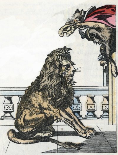 鬼は「ブーツ猫」の願いでライオンになる。シャルル・ペローによる物語「ブーツ猫」の挿絵 作： Unknown artist