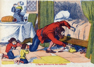 鬼は子供たちを発見する。フランスの作家、シャルル・ペロー（1628-1703）の物語「Le Pepetit poucet」の挿絵。匿名のイラスト。イメージ：Marcel Vagne, Jarville Nancy, undated (19世紀後半). 作： Unknown artist
