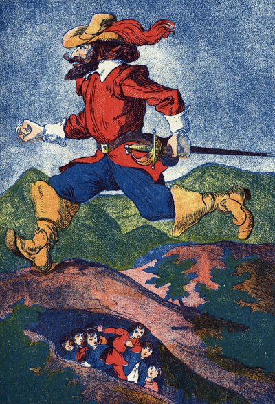 鬼が子供を探している。フランスの作家、シャルル・ペロー（1628-1703）の物語「Le Pepetit poucet」の挿絵。イラストは匿名。イメージ：Marcel Vagne、Jarville Nancy、年代不詳（19世紀後半）。 作： Unknown artist