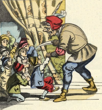 鬼は子供を食べようと思って連れて行きます。シャルル・ペローの「Le Pepetit Poucet」という物語の挿絵 作： Unknown artist