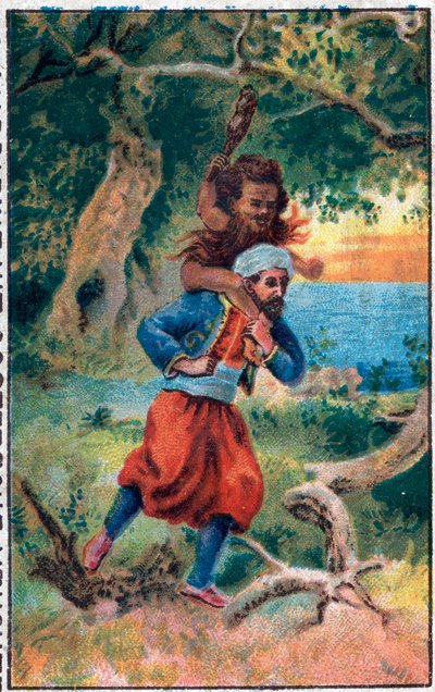 海のおじいさん。船乗りシンドバッド（Sindbad）の素晴らしい冒険。1001夜（千夜一夜）の人気物語。19世紀末のクロモリトグラフ。 作： Unknown artist