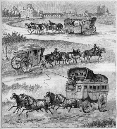 昔の旅行用自動車、17世紀の旅行用馬車、18世紀の旅行用馬車、鉄道以前の勤勉さなど。1888年の「La nature」誌に掲載された版画。 作： Unknown artist