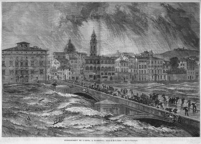 1868年、アルノ川のフィレンツェへの越流し。 作： Unknown artist