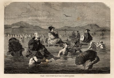 グーの航路、乗客と荷物の運搬方法の提示。1863年から1864年にかけて、スイス連邦公使アイム・アンベールが行った日本への航海を説明するためのエングレーヴィング、"Le tour du monde, nouveau journal des voyages" 作： Unknown artist