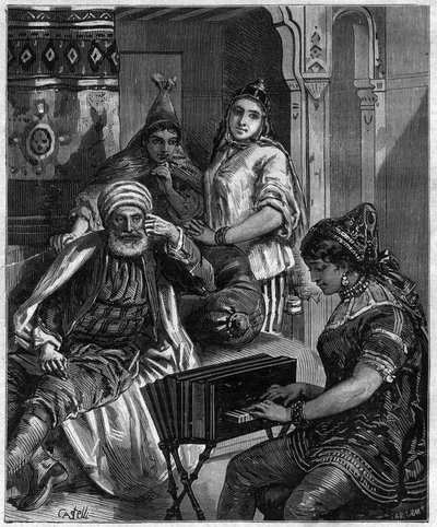 19世紀のチュニジアの人口 - チュニスのユダヤ人家庭の土曜の夜 - 1884年の "journal des voyages "に掲載されたカステリの版画 作： Unknown artist