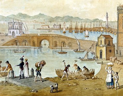 1800年頃のナポリとサンタルチアの港：旅人が出発の準備をしていたり、大工が船を作っていたりする。水彩画。 作： Unknown artist