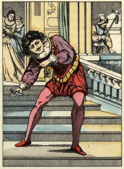 シンデレラが履いたガラスの靴を王子が拾う。シャルル・ペローの物語「シンデレラ」（La petite slipper de verre）の挿絵。 作： Unknown artist