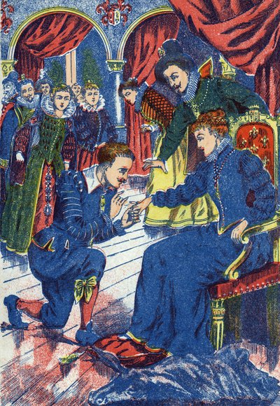 王子はロバの指輪を試す。フランスの作家、シャルル・ペロー（1628-1703）の「ロバの皮」物語の匿名の挿絵。イメージ：Marcel Vagne, Jarville Nancy, undated (19世紀後半). 作： Unknown artist