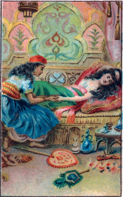 王女は気絶する。Les mille et une nuits"(les 1001 nuits ou Le mille e una notte, Arabian Nights)の中の "Histoire du cheval enchante "という物語。19世紀末のクロモリ写真。 作： Unknown artist