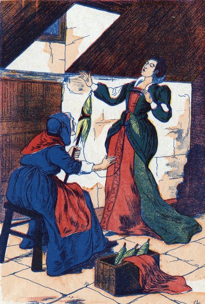 王女は手に穴を開けて眠ってしまう。フランスの作家シャルル・ペロー（1628-1703）の物語「眠っている森の美女」の匿名の挿絵。イメージ：Marcel Vagne, Jarville Nancy, undated (19世紀後半). 作： Unknown artist