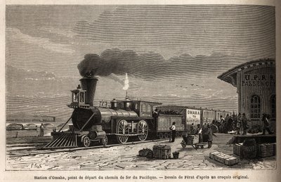 この鉄道には、太平洋への路線の起点となるオマハ駅（ネブラスカ州）があります。M.L.シモナンが1867年に描いた「アメリカ極西への旅」の図版。 作： Unknown artist