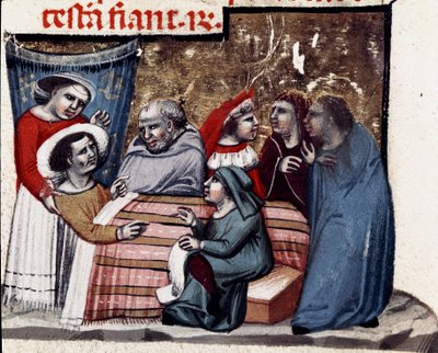 病人の枕元での遺言の繰り返し ビザンチウムのローマ皇帝ユスティニアヌス1世（483-565）の下で発行された法律や制度をまとめた「ユスティニアン・コード（Codex Justinianus）」のミニチュア 作： Unknown artist