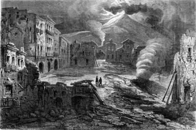 1861年12月8日のベスビオ火山噴火の際のトッレ・デル・グレコ広場の様子。 作： Unknown artist