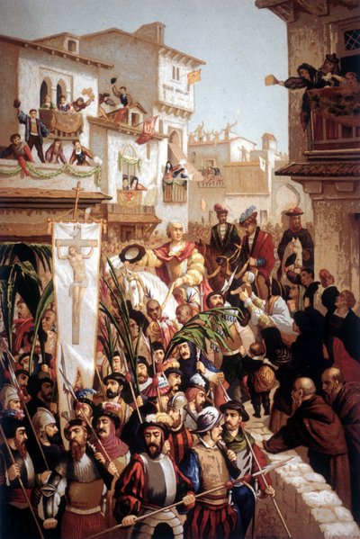 イタリア出身の航海士、クリストファー・コロンブス（1451-1506）が1493年にスペインに帰国したこと。 作： Unknown artist
