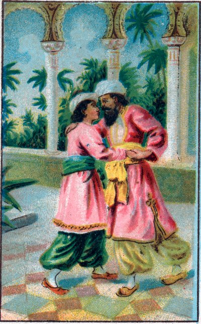 王子様の帰還。Les mille et une nuits" (les 1001 nuits ou Le mille e una notte, Arabian Nights)の中のTale "Histoire du cheval enchante"。19世紀末のクロモリトグラフ。 作： Unknown artist