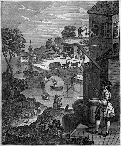 The ridiculous perspective ウィリアム・ホガース（1697-1764）が、距離の関係で現実には不可能な物や人の平面レベルを提案し、画家の遠近法をあざ笑う風刺イラスト。 作： Unknown artist