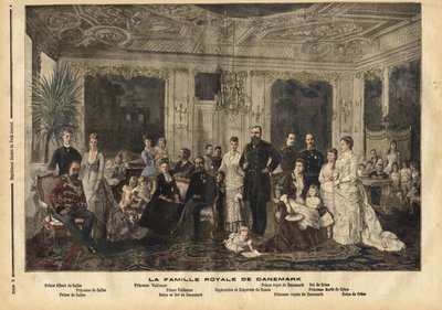 中央に座るデンマーク王室、ヘッセン＝カッセルのルイーズ王妃（1817-1898）とデンマーク王クリスチャン9世（1818-1906）は、何人もの子供を王室の家系に嫁がせたことから「ヨーロッパのハンサムな父」と呼ばれています。 作： Unknown artist