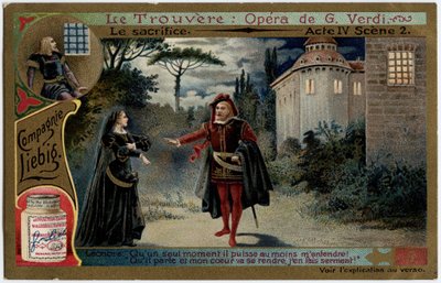 生贄 第4幕 第2場ジュゼッペ・ヴェルディ(1813-1901)のオペラ『見出だせ』(Il trovatore)の挿絵。19世紀末のリービッヒのクロモリトグラフィー（Chromo）。 作： Unknown artist
