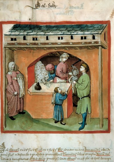 塩の商人エルミヌールは、医学と栄養学の貿易から "Tacuinum sanitatis" 作： Unknown artist