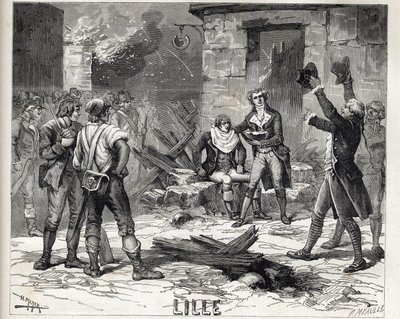 リールの髭剃り皿。フランス革命戦争中の1792年のリール包囲戦でのエピソード - Siege de Lille in 1792: Siege de Lille: the Maes wig using a bomb shatter as a beard dish to shave a client -。 作： Unknown artist