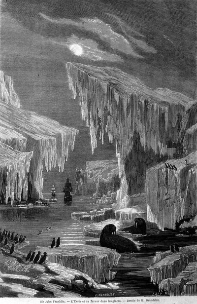 サー・ジョン・フランクリン（1786-1847）率いる遠征中の船「エレバス」と「テラー」が氷の中に入っていく様子。19世紀に描かれた版画 作： Unknown artist
