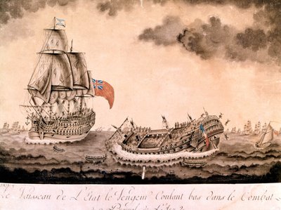 1794年1月6日にイギリス艦隊によってブレスト沖で沈没した「アヴェンジャー」の難破船。18世紀末から19世紀初頭にかけての版画。 作： Unknown artist