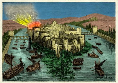 845年、ラグナール・ロドブロクを中心としたヴァイキングによるパリの包囲戦、19世紀のエングレーヴィング 作： Unknown artist