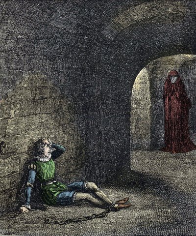 The spectre of the tower 地下牢に鎖でつながれた囚人は、目の前に幽霊を見る。ウィリアム・ハリソン・エインズワースによる「ロンドンの塔」のイラスト 19世紀 作： Unknown artist