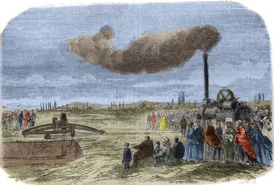 アルバート・フライ(1830 -1903)とジョン・ファウラー(1826-1864)が発明した、ヴェルサイユ近郊の機械的排水作業中の蒸気式排水口。1856年に描かれたもので、「科学博物館」に所蔵されている。 作： Unknown artist