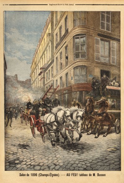 ブッソン氏の絵によると、パリの消防士の蒸気ポンプと車両。Le petit journal "1896年3月5日号に掲載されたエングレーヴィング。セルバのコレクション。 作： Unknown artist